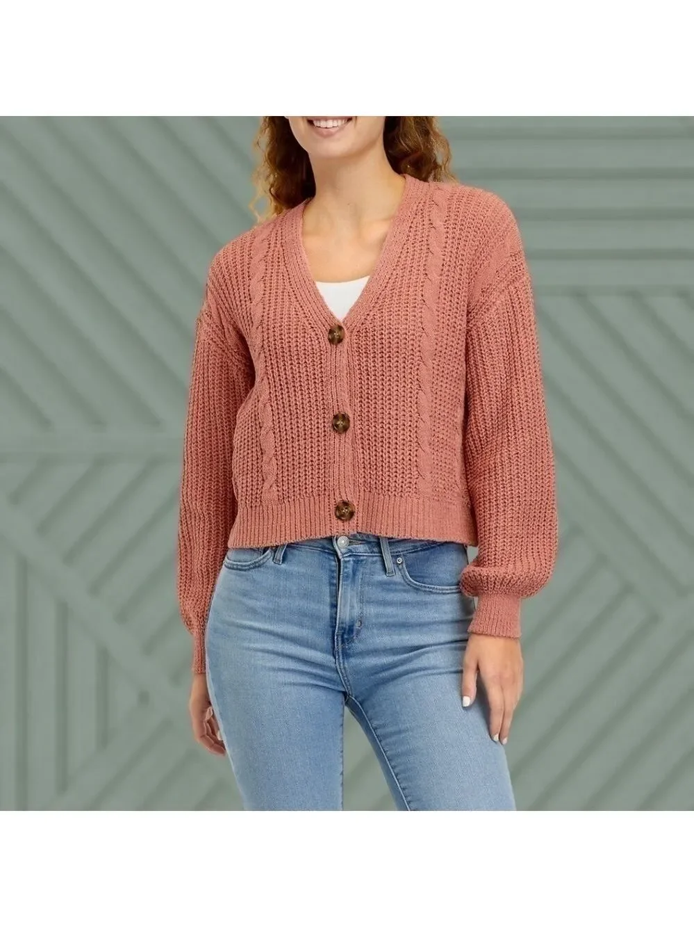 TRUE CRAFT Long Sleeve V-Neck 3-Button Front Cropped Cardigan-Rose/XL NWT